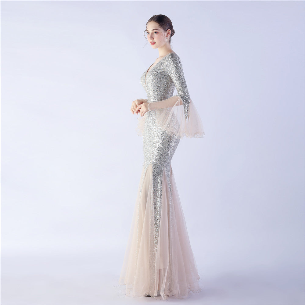 Long Bell Sleeves Sequin Mermaid Evening Gown