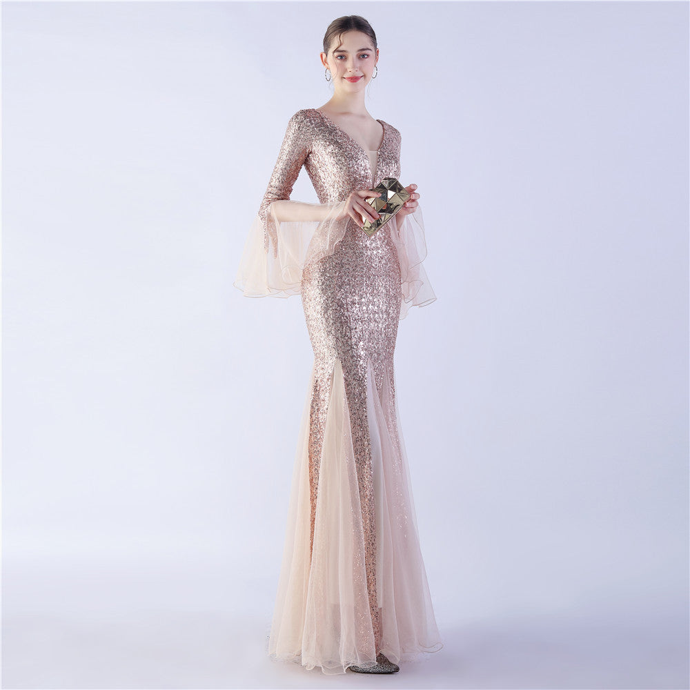 Long Bell Sleeves Sequin Mermaid Evening Gown