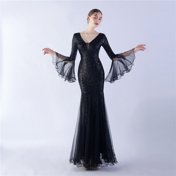 Long Bell Sleeves Sequin Mermaid Evening Gown