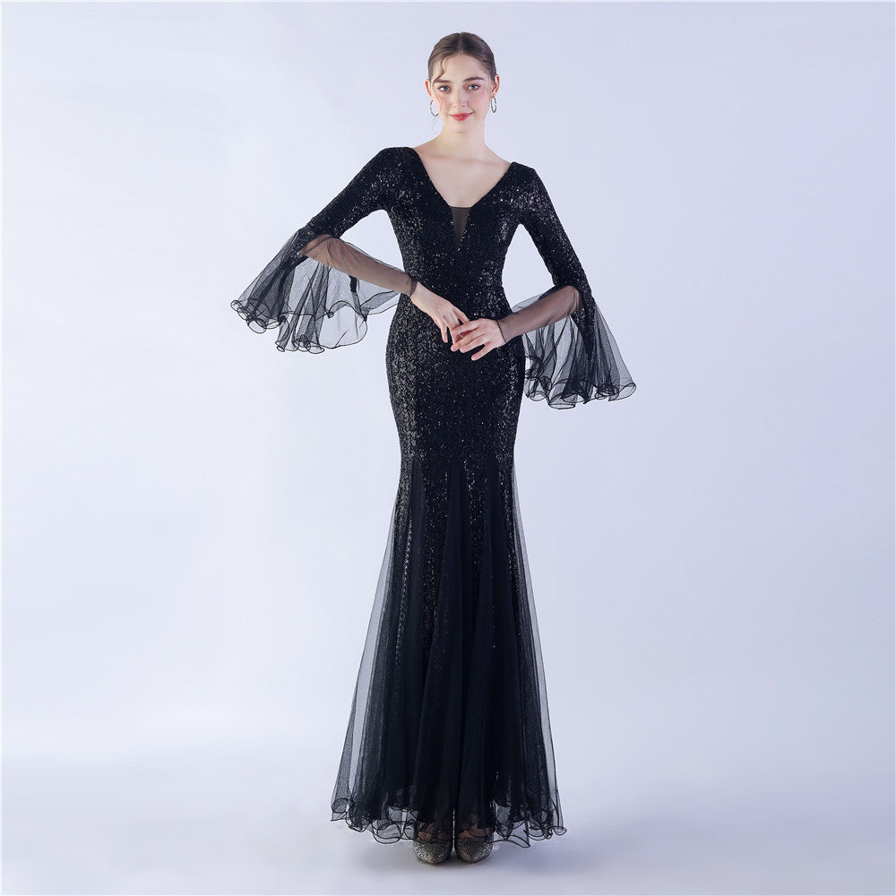 Long Bell Sleeves Sequin Mermaid Evening Gown
