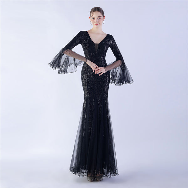 Long Bell Sleeves Sequin Mermaid Evening Gown
