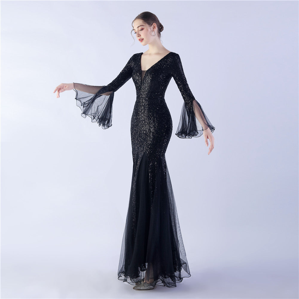 Long Bell Sleeves Sequin Mermaid Evening Gown