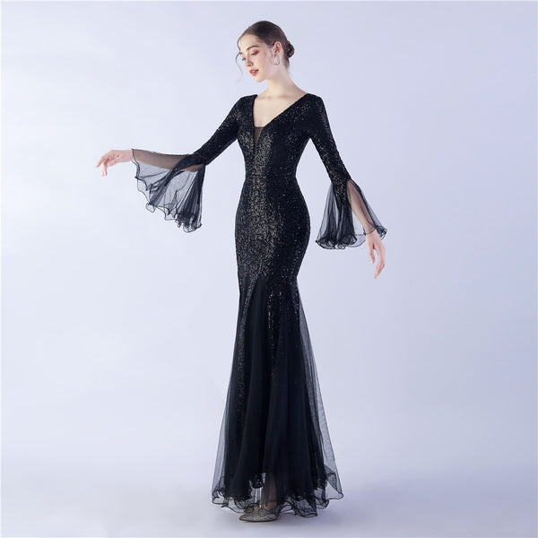 Long Bell Sleeves Sequin Mermaid Evening Gown