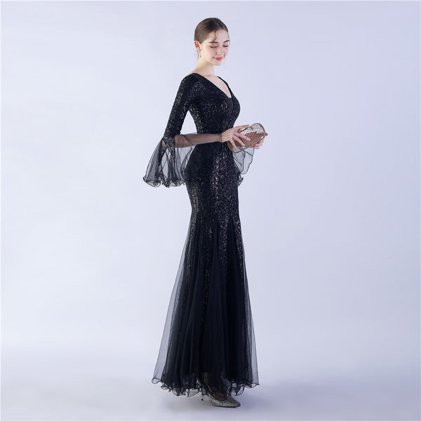 Long Bell Sleeves Sequin Mermaid Evening Gown