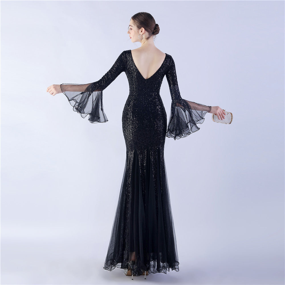 Long Bell Sleeves Sequin Mermaid Evening Gown
