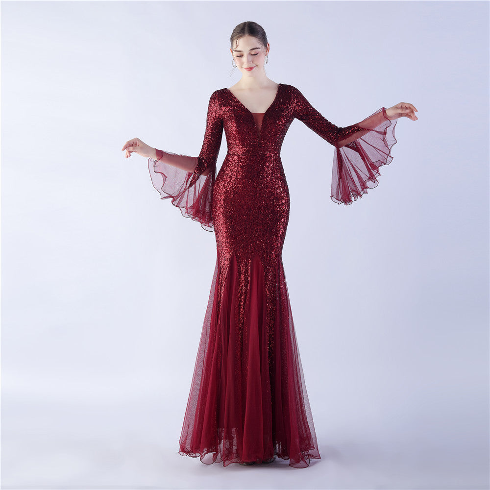 Long Bell Sleeves Sequin Mermaid Evening Gown