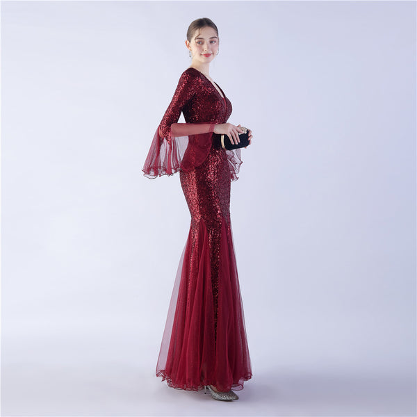 Long Bell Sleeves Sequin Mermaid Evening Gown