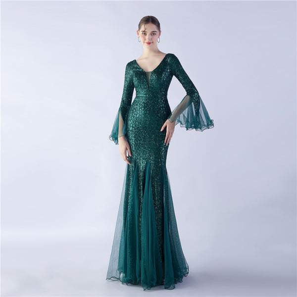 Long Bell Sleeves Sequin Mermaid Evening Gown