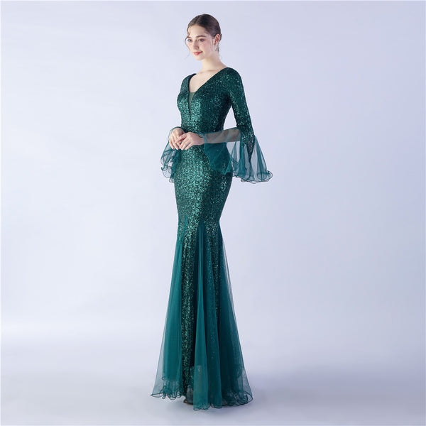 Long Bell Sleeves Sequin Mermaid Evening Gown