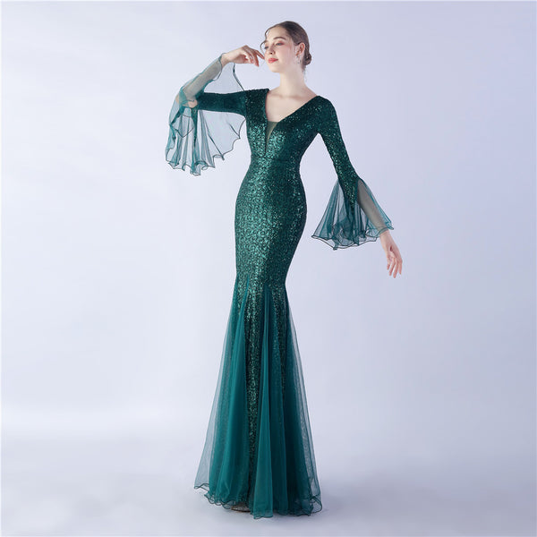 Long Bell Sleeves Sequin Mermaid Evening Gown