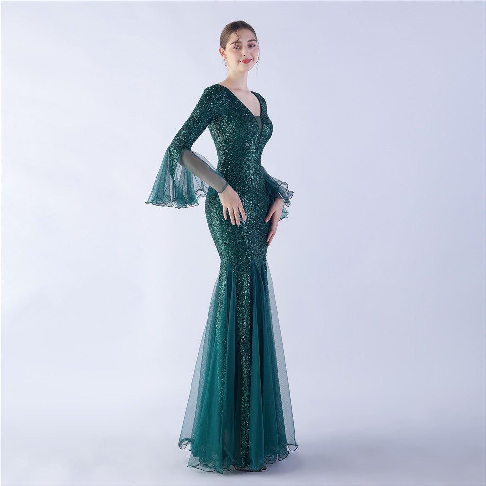 Long Bell Sleeves Sequin Mermaid Evening Gown