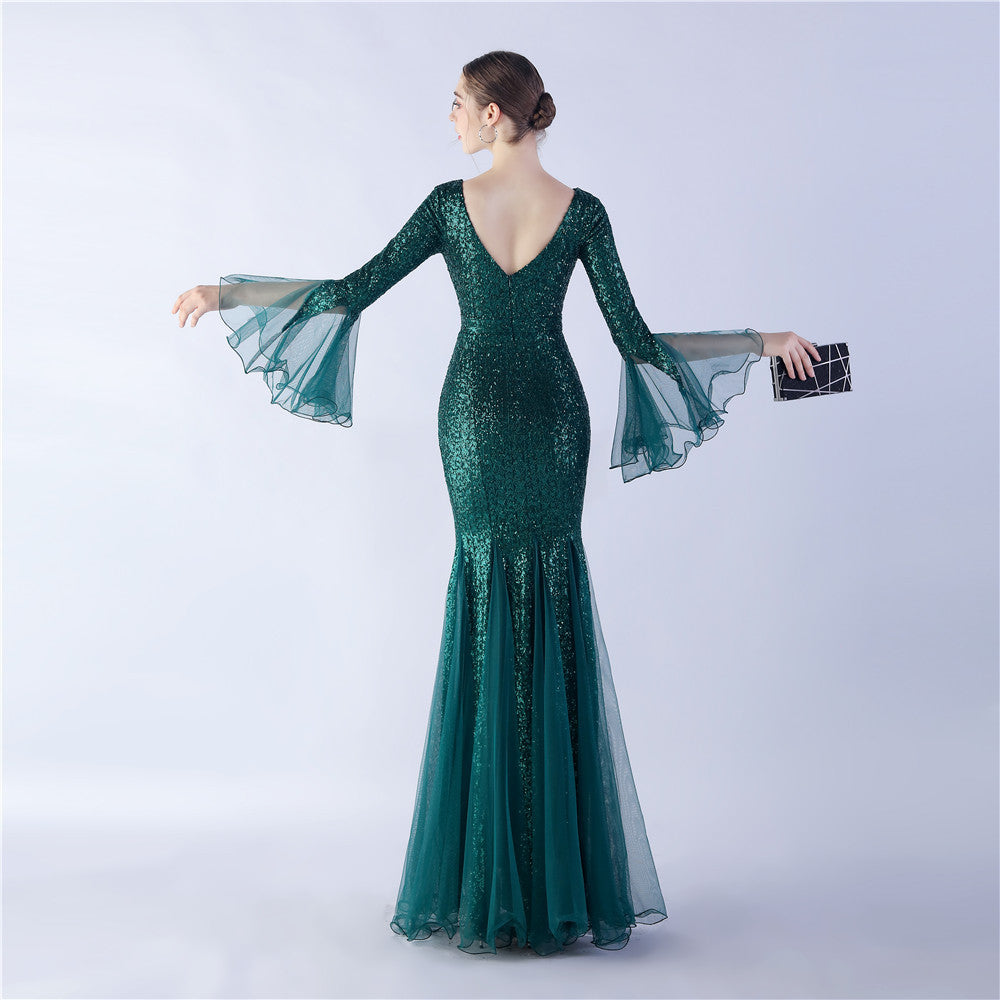 Long Bell Sleeves Sequin Mermaid Evening Gown