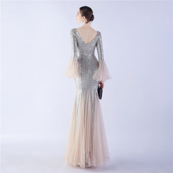 Long Bell Sleeves Sequin Mermaid Evening Gown