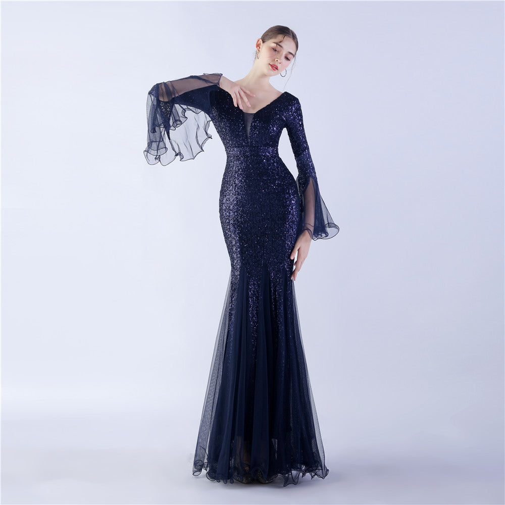 Long Bell Sleeves Sequin Mermaid Evening Gown
