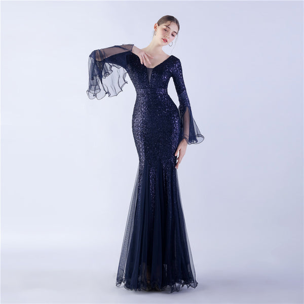 Long Bell Sleeves Sequin Mermaid Evening Gown