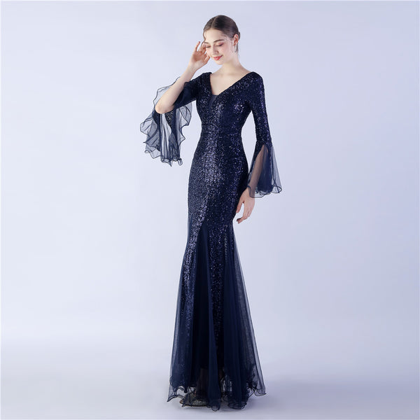 Long Bell Sleeves Sequin Mermaid Evening Gown