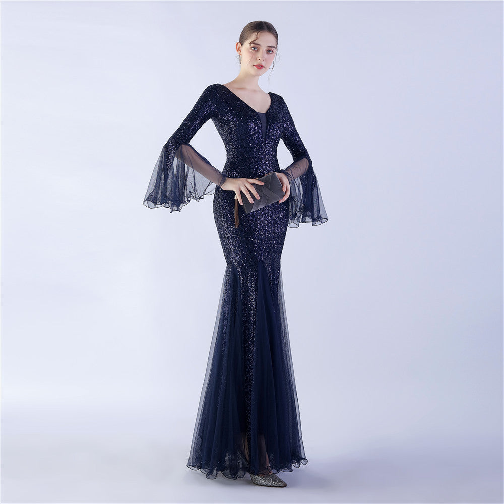 Long Bell Sleeves Sequin Mermaid Evening Gown