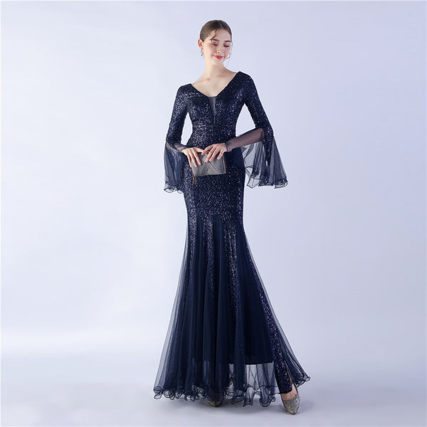 Long Bell Sleeves Sequin Mermaid Evening Gown