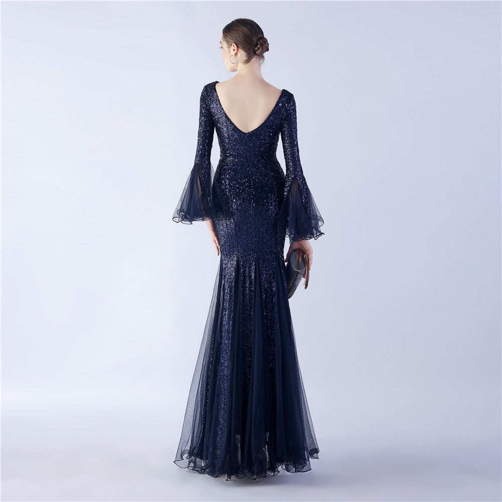 Long Bell Sleeves Sequin Mermaid Evening Gown