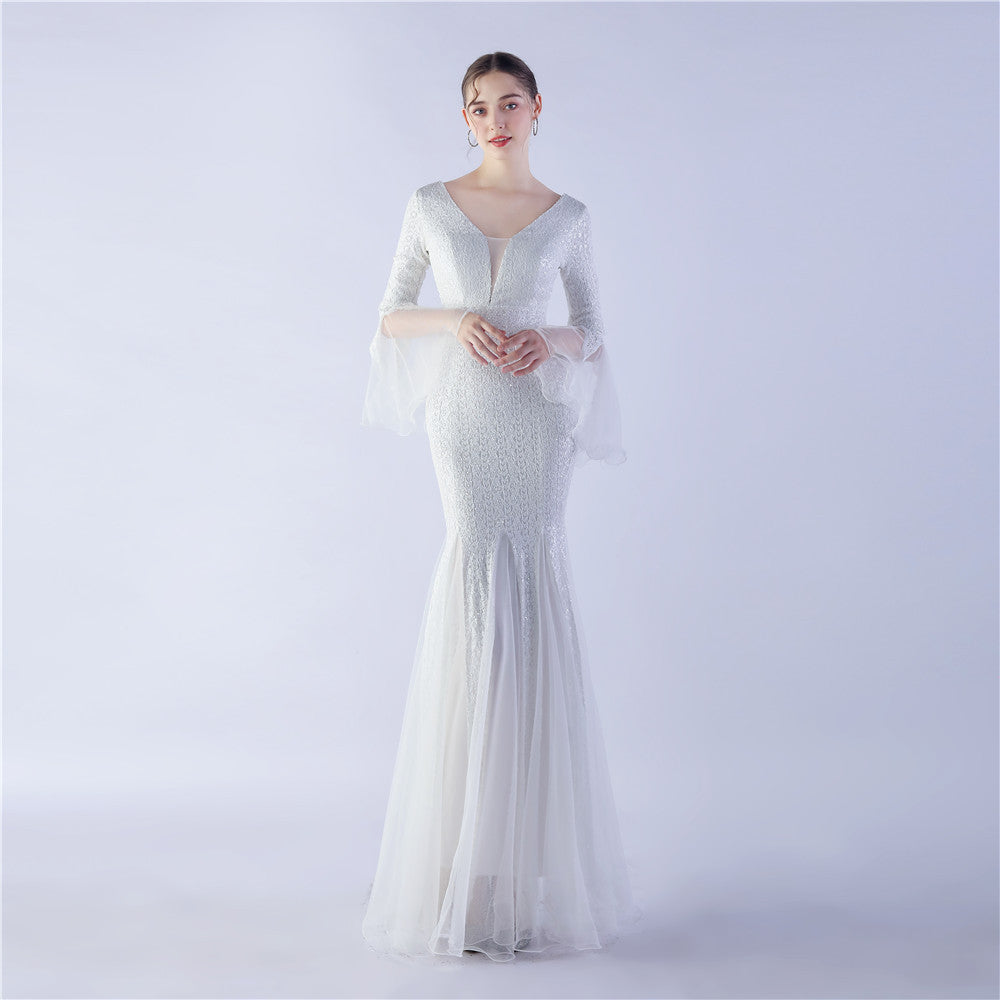 Long Bell Sleeves Sequin Mermaid Evening Gown