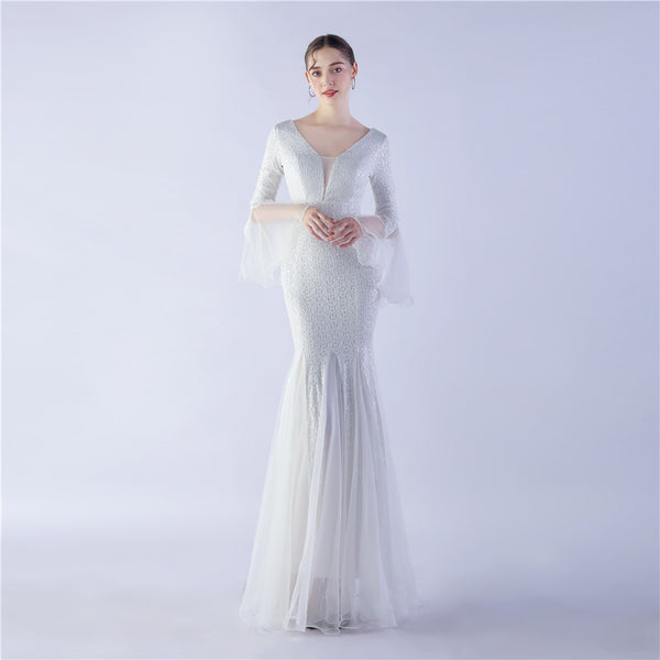 Long Bell Sleeves Sequin Mermaid Evening Gown