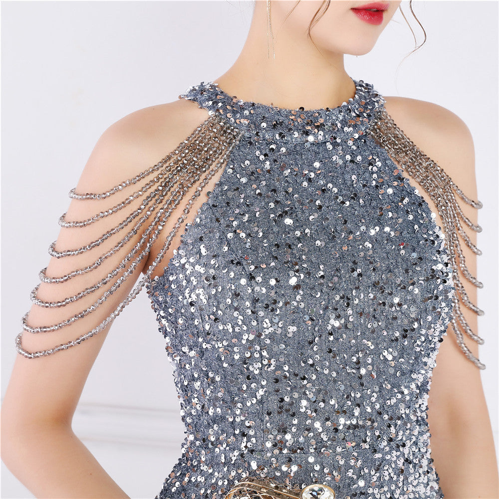 Krátké duhové flitrové společenské šaty