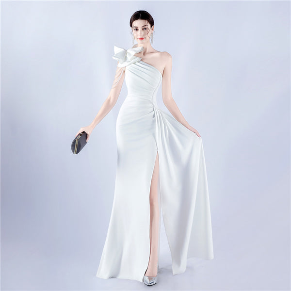 Off-Shoulder Satin Evening Gown with High Slit, Heavy Crystal Embroidery & Artistic Pleating