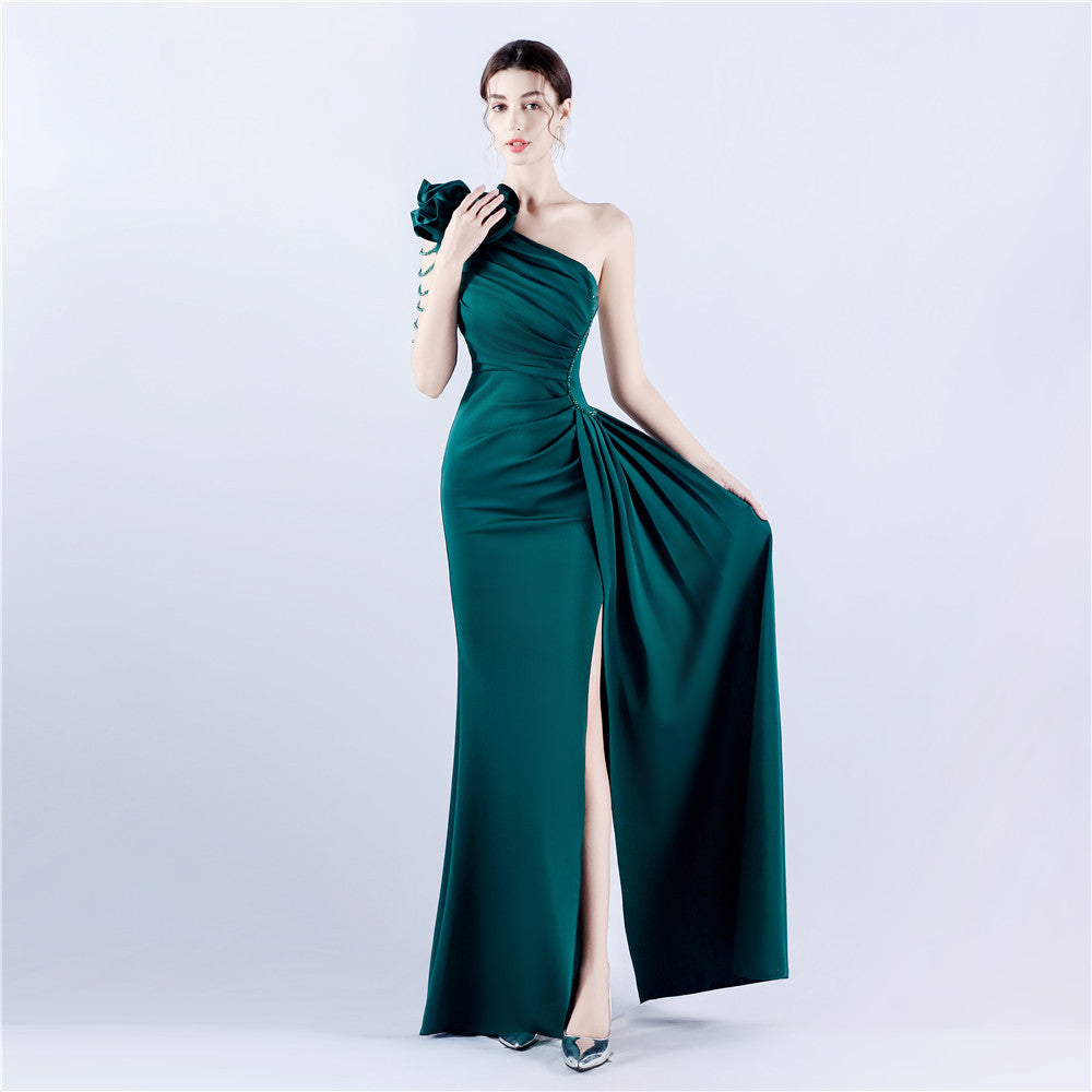Off-Shoulder Satin Evening Gown with High Slit, Heavy Crystal Embroidery & Artistic Pleating