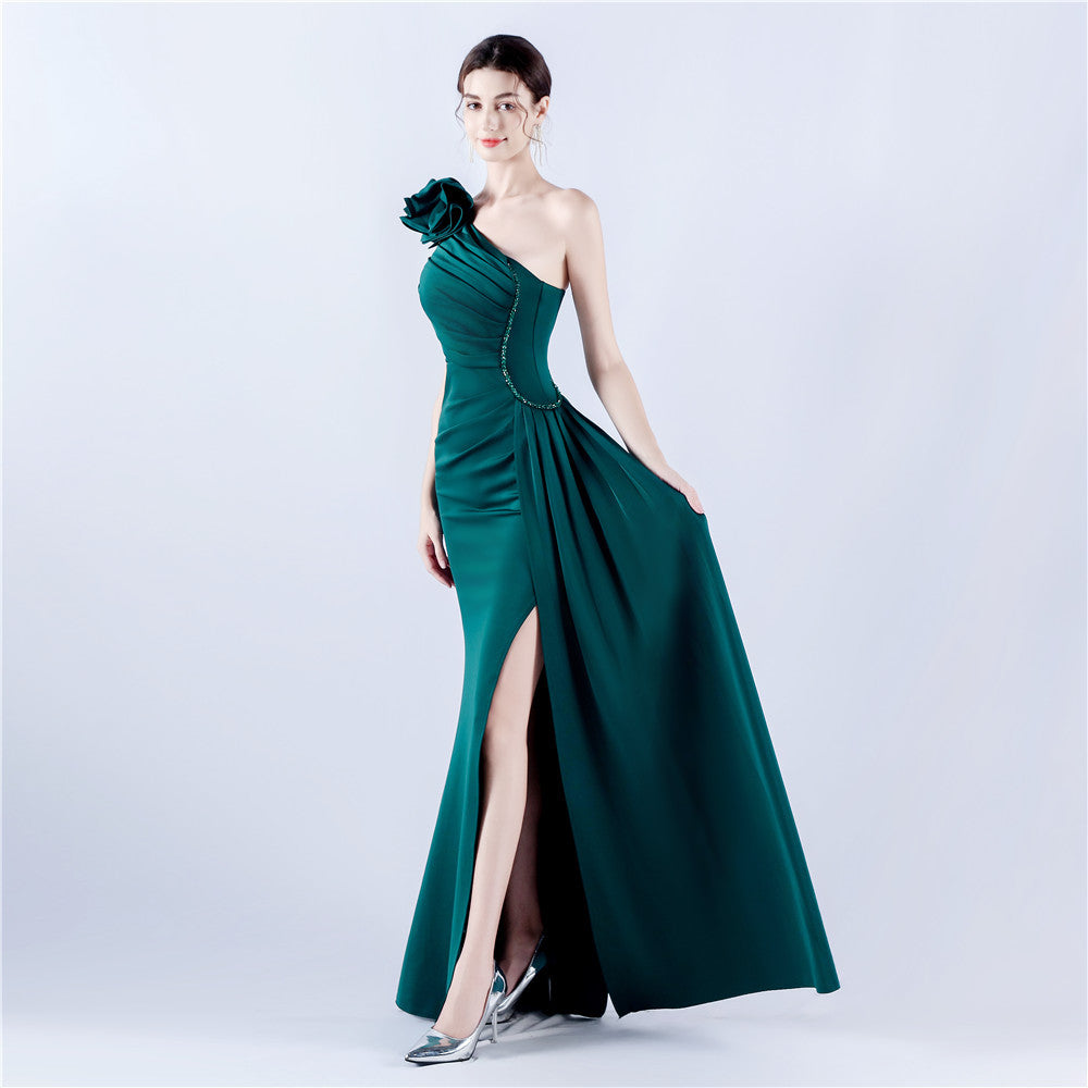 Off-Shoulder Satin Evening Gown with High Slit, Heavy Crystal Embroidery & Artistic Pleating