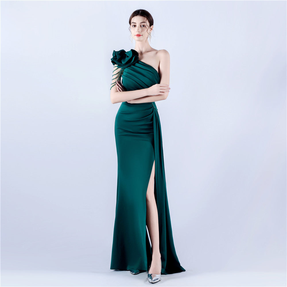 Off-Shoulder Satin Evening Gown with High Slit, Heavy Crystal Embroidery & Artistic Pleating