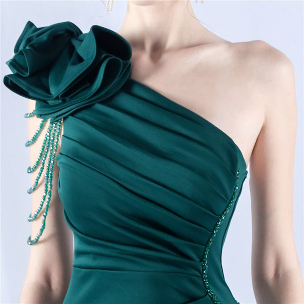 Off-Shoulder Satin Evening Gown with High Slit, Heavy Crystal Embroidery & Artistic Pleating