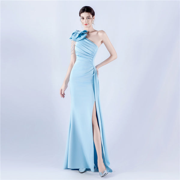 Off-Shoulder Satin Evening Gown with High Slit, Heavy Crystal Embroidery & Artistic Pleating