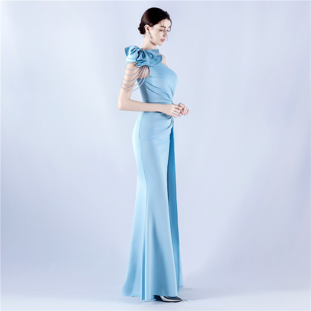 Off-Shoulder Satin Evening Gown with High Slit, Heavy Crystal Embroidery & Artistic Pleating
