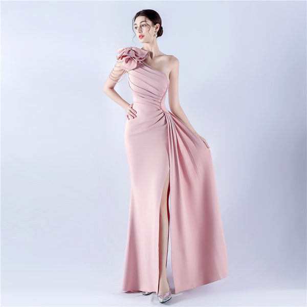 Off-Shoulder Satin Evening Gown with High Slit, Heavy Crystal Embroidery & Artistic Pleating