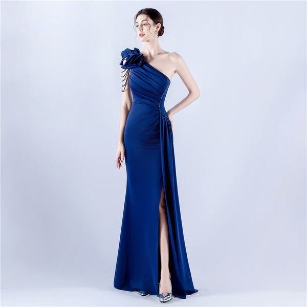 Off-Shoulder Satin Evening Gown with High Slit, Heavy Crystal Embroidery & Artistic Pleating
