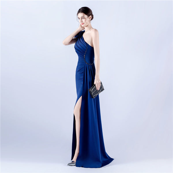 Off-Shoulder Satin Evening Gown with High Slit, Heavy Crystal Embroidery & Artistic Pleating