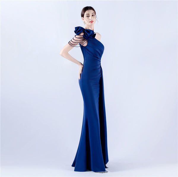 Off-Shoulder Satin Evening Gown with High Slit, Heavy Crystal Embroidery & Artistic Pleating