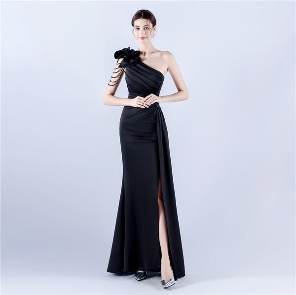Off-Shoulder Satin Evening Gown with High Slit, Heavy Crystal Embroidery & Artistic Pleating