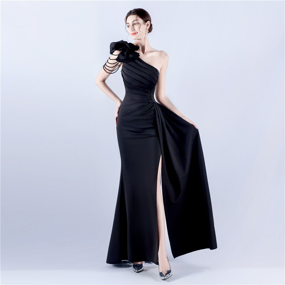 Off-Shoulder Satin Evening Gown with High Slit, Heavy Crystal Embroidery & Artistic Pleating