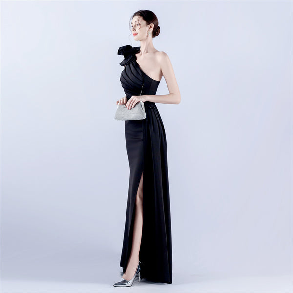 Off-Shoulder Satin Evening Gown with High Slit, Heavy Crystal Embroidery & Artistic Pleating
