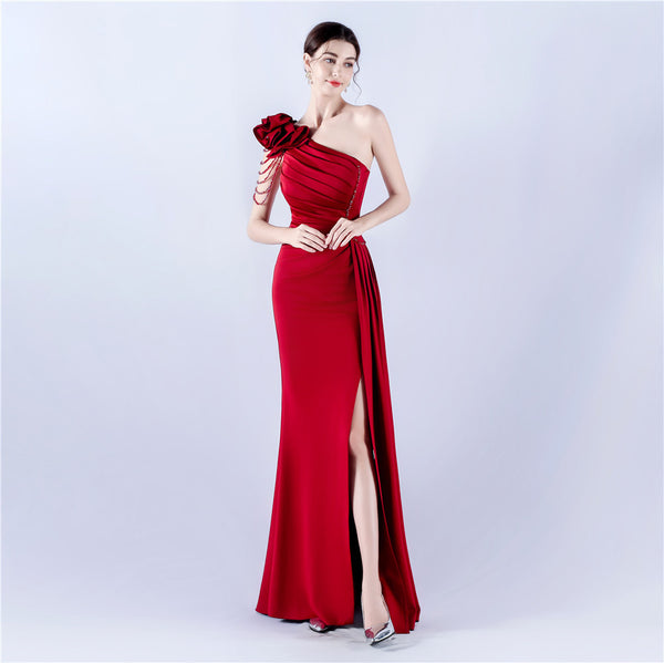 Off-Shoulder Satin Evening Gown with High Slit, Heavy Crystal Embroidery & Artistic Pleating