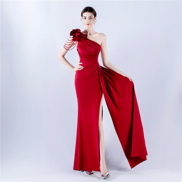 Off-Shoulder Satin Evening Gown with High Slit, Heavy Crystal Embroidery & Artistic Pleating