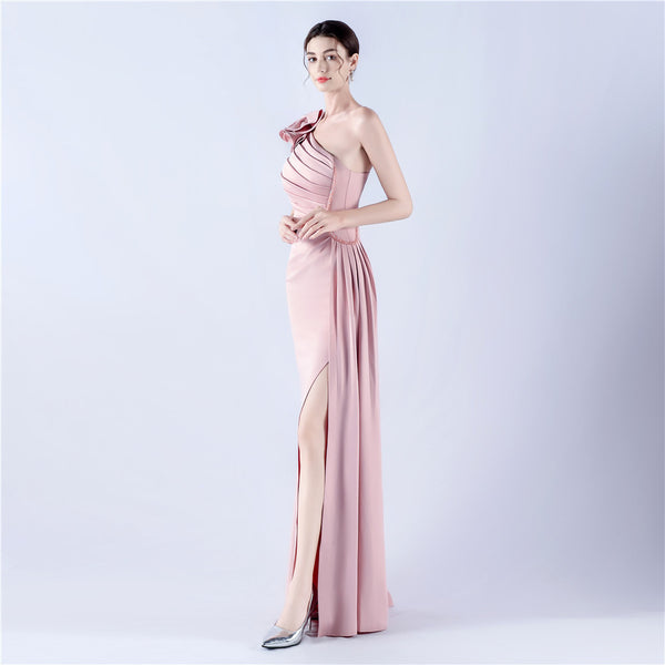 Off-Shoulder Satin Evening Gown with High Slit, Heavy Crystal Embroidery & Artistic Pleating