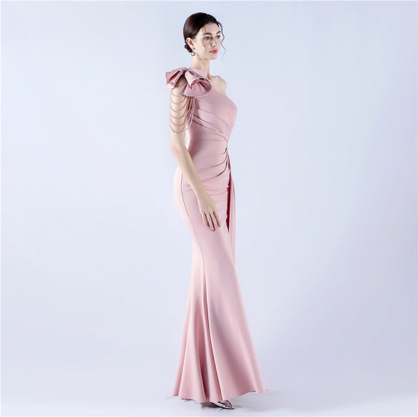 Off-Shoulder Satin Evening Gown with High Slit, Heavy Crystal Embroidery & Artistic Pleating