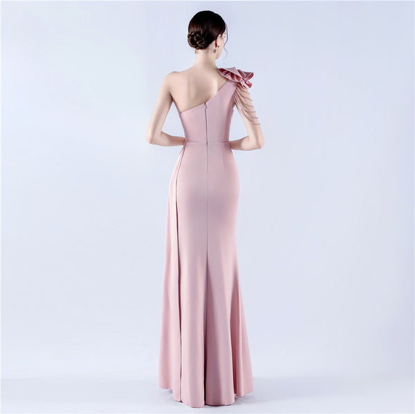 Off-Shoulder Satin Evening Gown with High Slit, Heavy Crystal Embroidery & Artistic Pleating
