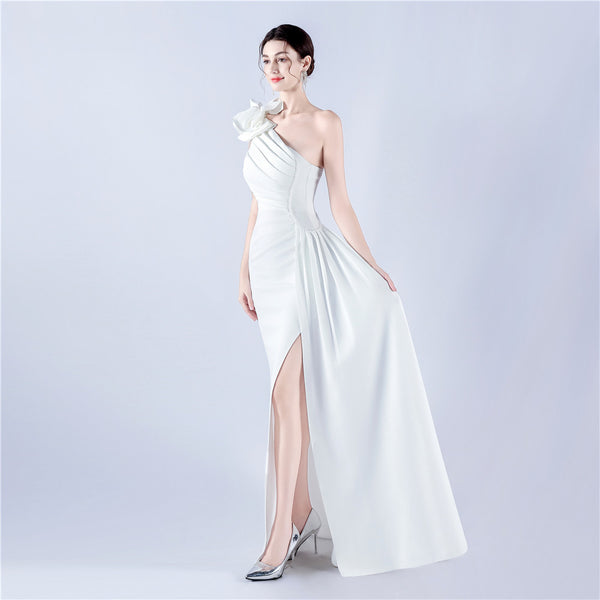 Off-Shoulder Satin Evening Gown with High Slit, Heavy Crystal Embroidery & Artistic Pleating