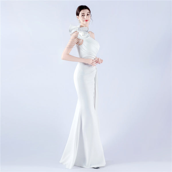 Off-Shoulder Satin Evening Gown with High Slit, Heavy Crystal Embroidery & Artistic Pleating