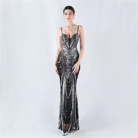 Structured Corset Sequin Gown with Floral Motifs