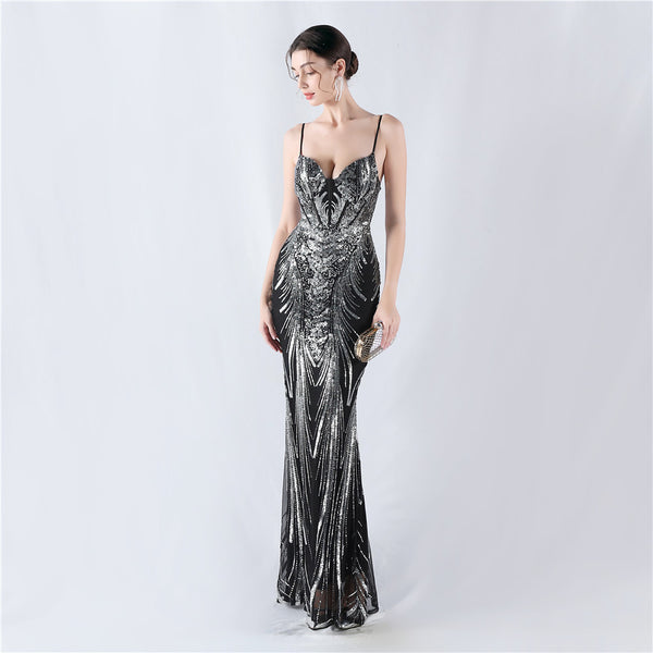 Structured Corset Sequin Gown with Floral Motifs