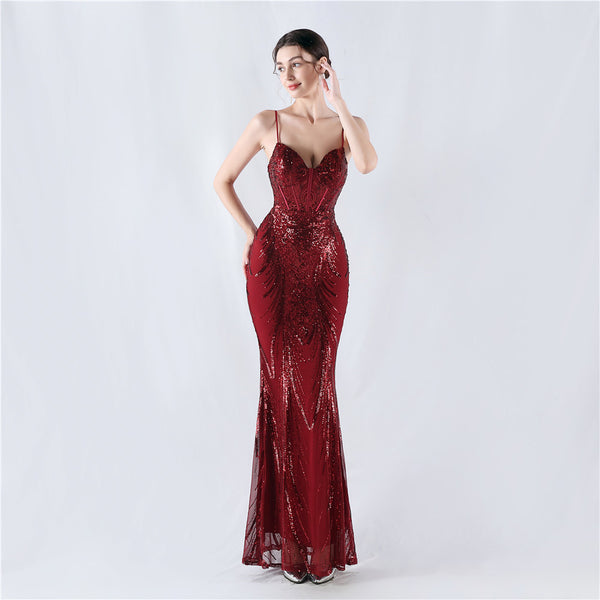 Structured Corset Sequin Gown with Floral Motifs